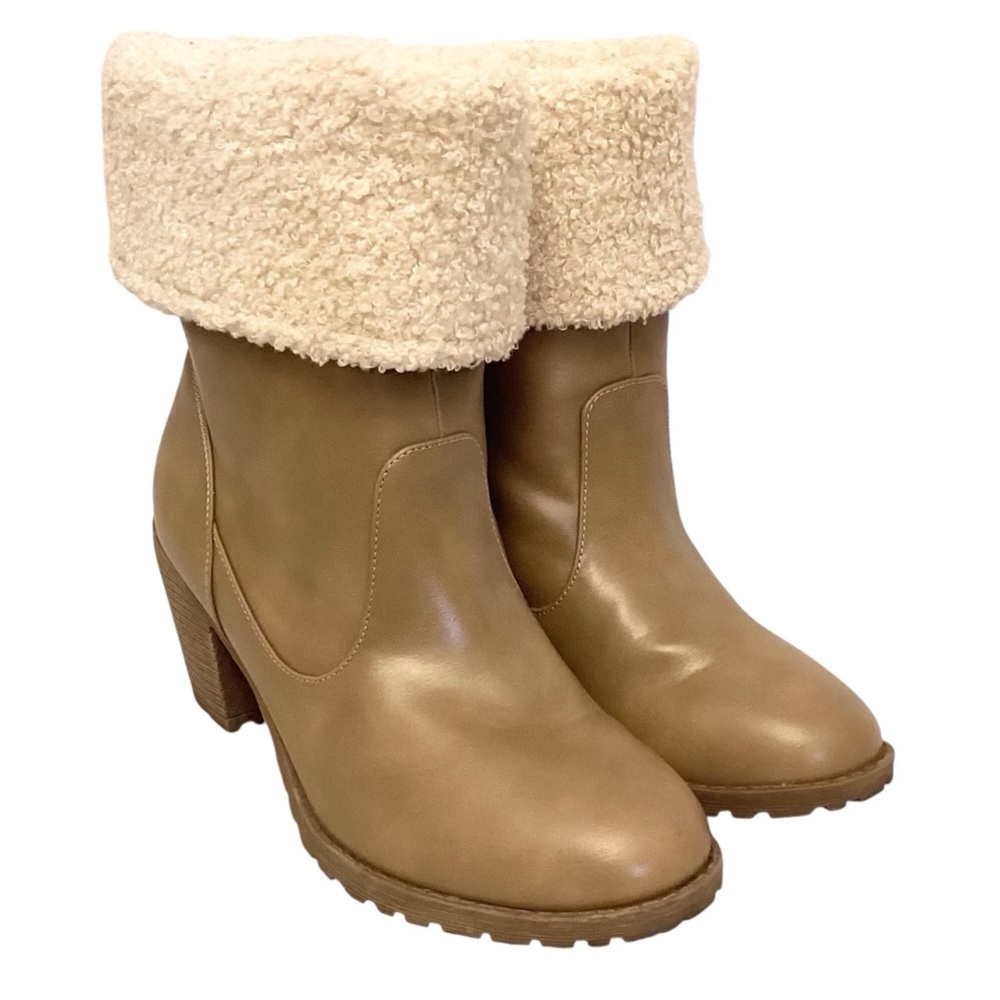 Muk Luks 9 Lacy Lily Women’s Boots Tan Shearling Cuffed Chunky Block Heels
